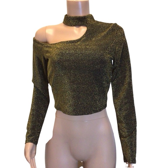 NWOT Julia Womens Size L Gold Glitter One Shoulder Choker Long Sleeve Top - Picture 4 of 7